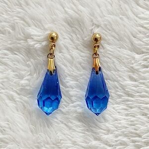 Vintage Cobalt Blue Faceted Glass Drop Earrings Gold Tone Stud 1.125”